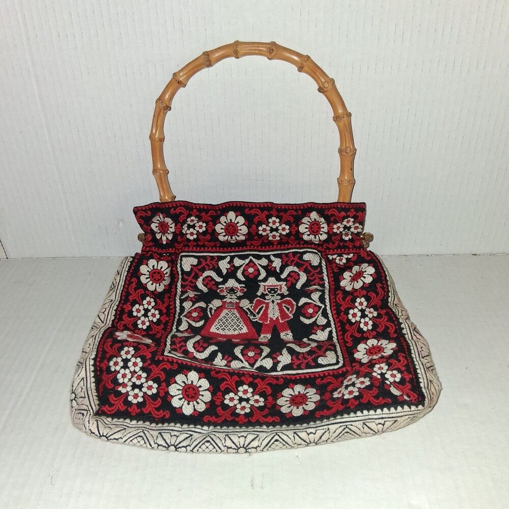 Tapestry Bag With Bamboo Handle With German Boy And Girl Red White And Black